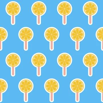 Lemon fruit ice round ice cream stick seamless pattern yellow blue Stock Illustration
