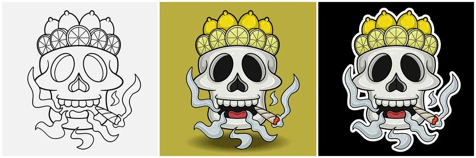 Lemon Fruit Inside Skull Head With Smoking Character Cartoon. Black White, .. Stock Illustration