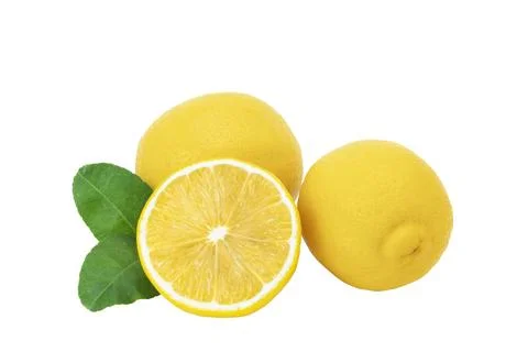 Lemon fruit with leaf isolate. Lemon whole, half, slice, leaves on white. L.. Stock Photos