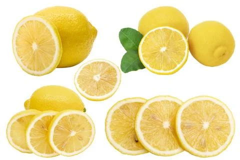 Lemon fruit with leaf isolate. Lemon whole, half, slice, leaves on white. L.. Stock Photos