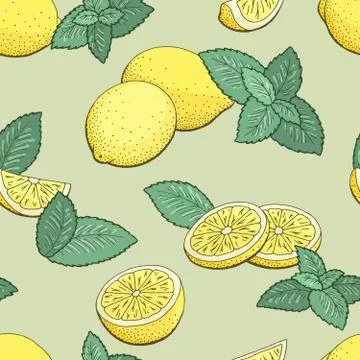 Lemon fruit mint herb graphic color seamless pattern background sketch illustrat Stock Illustration