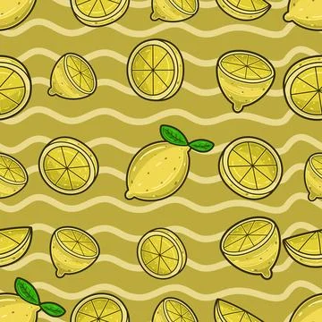Lemon Fruit Seamless Pattern in Cartoon Style. Perfect For Background, Back.. Stock Illustration