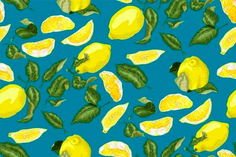 Lemon fruit seamless pattern. There are citrus fruit, slices and leaves on th Stock Illustration