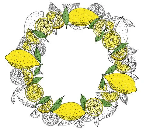 Lemon fruit wreath hand drawn, isolated. Beautiful round frame with citrus, w Ilustração Stock