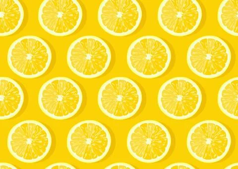 Lemon fruits slice seamless pattern on yellow background with shadow. Citrus  Stock Illustration