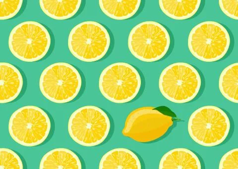 Lemon fruits slice seamless pattern on green background with shadow. Citrus f Stock Illustration