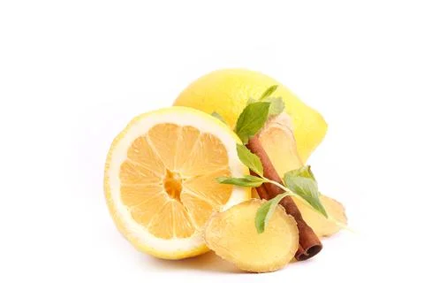 Lemon ginger cinnamon mint isolated on white background Stock Photos