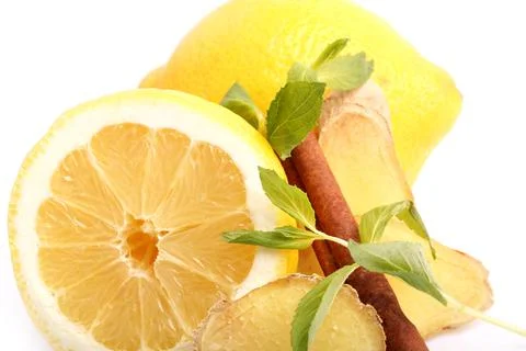 Lemon ginger cinnamon mint isolated on white background Stock Photos