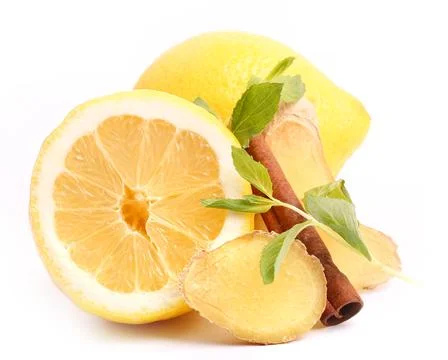 Lemon ginger cinnamon mint isolated on white background Stock Photos