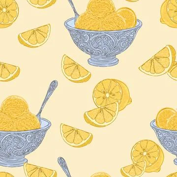 Lemon Ice Cream. Seamless Pattern. This vintage illustration is hand-drawn in Stock Illustration