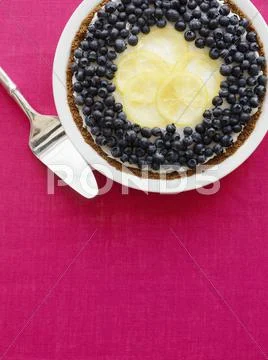 Lemon ice cream tart with gingernut crust and blueberries Stock Photos