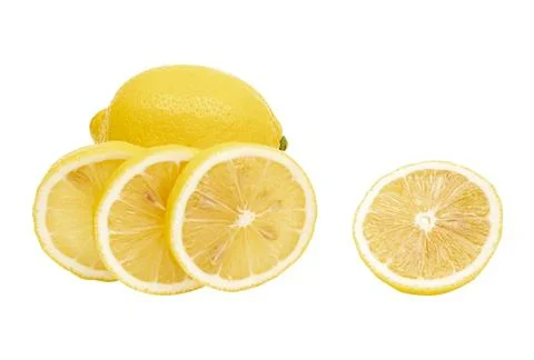 Lemon isolate on white. Lemon fruit whole and a half with leaves. Side view.. Stock Photos