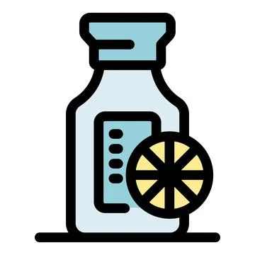 Lemon juice bottle with measuring scale and lemon slice icon Stock Illustration