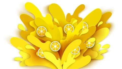 Lemon juice splashes and drops in a paper cut style. orange slices and paper Stock Illustration