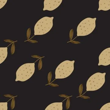 Lemon with leaf seamless pattern on black background. Hand drawn citrus fruit Illustrazione stock