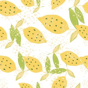 Lemon with leaf seamless pattern on white background. Hand drawn citrus fruit Illustrazione stock