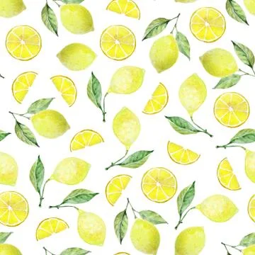 Lemon with leaves, lemon slice, half lemon slice in messy pattern on white Stock Illustration