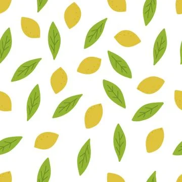 Lemon with leaves seamless pattern. Organic citrus texture. Hand drawn fresh Stock Illustration