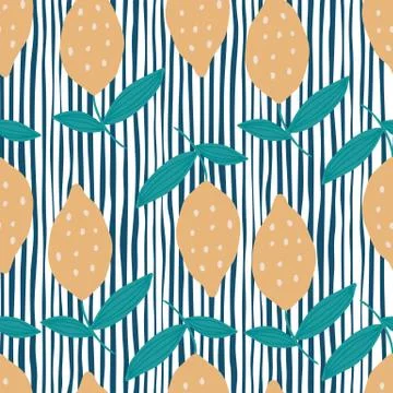 Lemon with leaves seamless pattern on stripes background. Hand drawn citrus f 스톡 일러스트