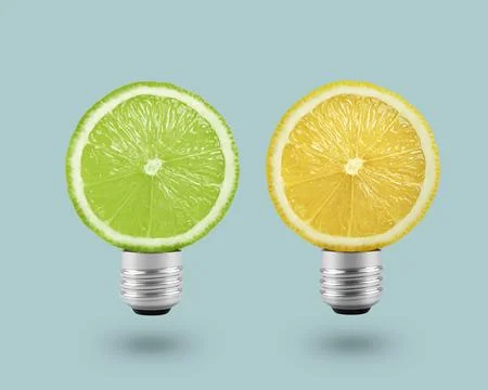 Lemon light bulb on bright blue background. Summer fun concept Stock Illustration