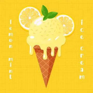 Lemon mint ice cream in waffle cone flat vector illustration Illustrazione stock