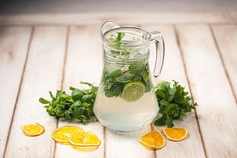 Lemon mint lemonade in pitcher Stock Photos