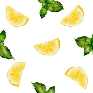 Lemon mint watercolor seamless pattern. Hand drawn tropical sour fruit. Clip art Illustrazione stock
