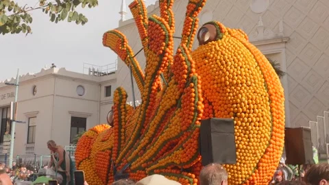 Lemon party parade with floats made with citrus fruits. Unique in the world Stock Footage 331164227