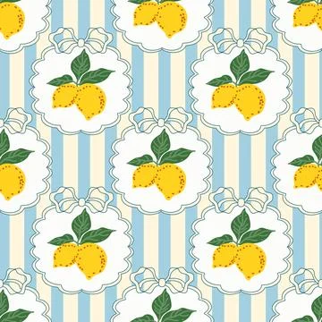 Lemon pattern with bows and frames. Hand drawn vector print. Stripe, citrus.. Stock Illustration