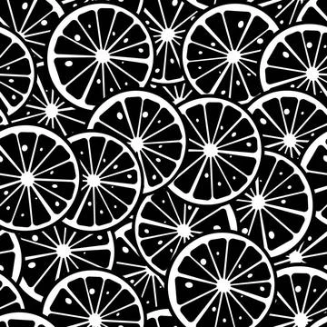 Lemon pattern Citrus slice background, seamless pattern in black and white... Stock Photos