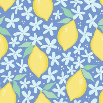 Lemon pattern design with flowers. Vector seamless repeat. Illustrazione stock