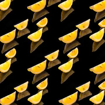 Lemon pattern lemon slices on black background, background, texture, pattern, Stock Illustration