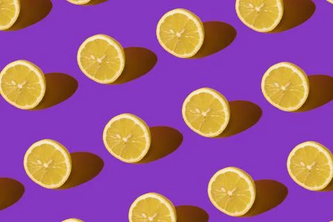 Lemon pattern on purple background. Pop art design, creative citruses. Yellow Illustrazione stock