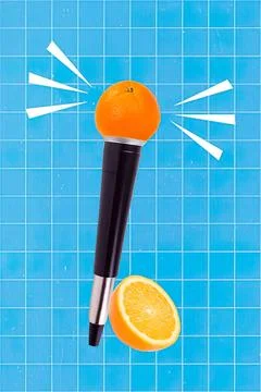 Lemon with a pen and orange slice on blue grid background Stock-Fotos
