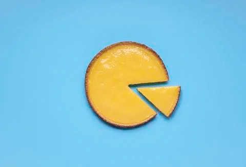 Lemon pie on blue background above view. Sliced pie Stock Photos
