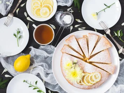 Lemon pie with cup of tea. Stock Photos