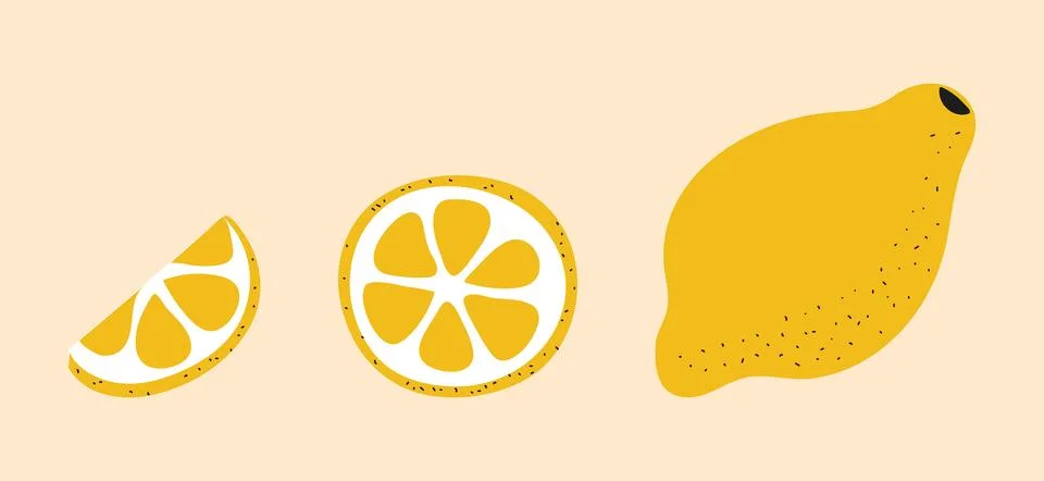 Lemon, a piece of a circle and a slice. Sour fruit pulp. Yellow citrus peel Illustrazione stock