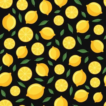 Lemon Seamless Pattern on Black Background. Vector Illustrazione stock