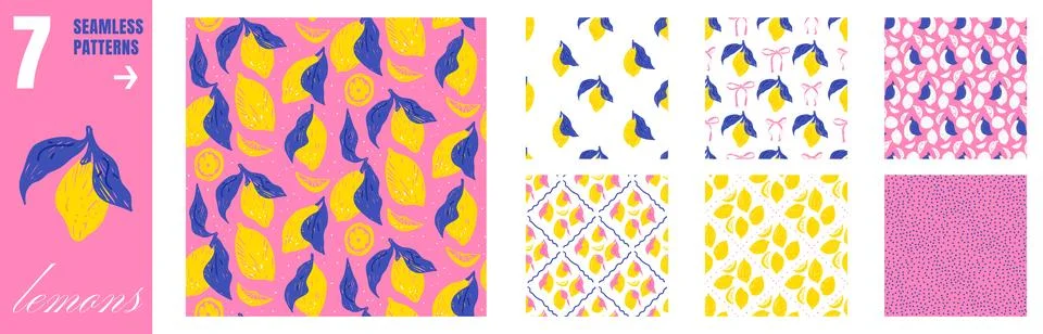 Lemon seamless pattern with crayon citrus on coquette bow ribbon. Italian Stock Illustration