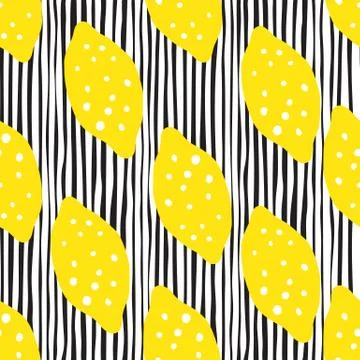 Lemon seamless pattern in doodle style on stripes background. Stock Illustration