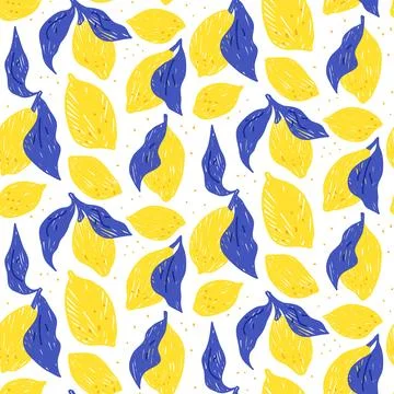 Lemon seamless pattern drawing with pastel brush. Summer fruit naive crayon Illustrazione stock