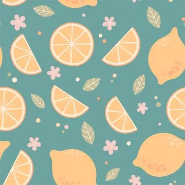 Lemon seamless pattern, flowers and leaves, vector Stock Illustration
