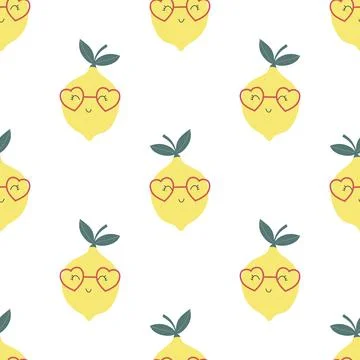 Lemon seamless pattern. Funny yellow characters with happy faces. Vector cartoon Illustrazione stock