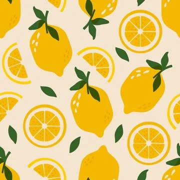 Lemon seamless pattern. Print with lemons, yellow citrus fruit with green Stock Illustration