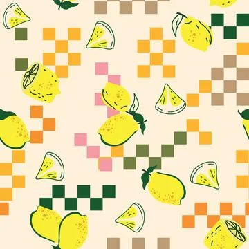 Lemon seamless pattern. Print with lemons, yellow citrus fruit with green l.. Stock Illustration