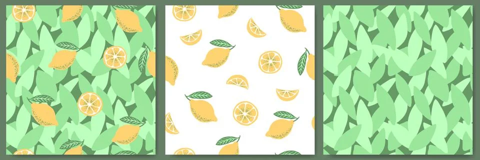 Lemon seamless pattern set yellow green background Stock-Illustration