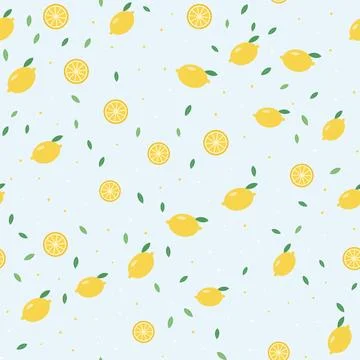 Lemon seamless pattern with whole lemons, citrus slices and green leaves, flat Stock Illustration