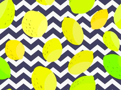 Lemon seamless pattern. Yellow and green lemons and lime on a striped backgro Stock Illustration