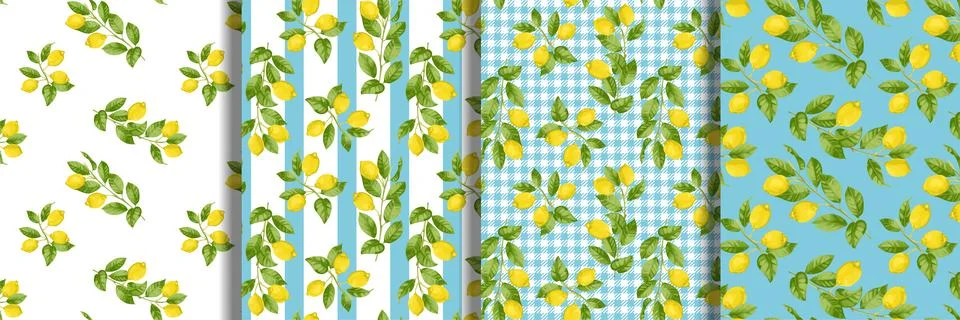 Lemon Seamless Patterns set. Fruit repeat backgrounds Stock Illustration