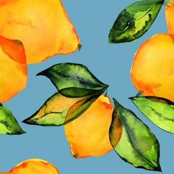 Lemon seamless watercolor pattern with blue background Stock Illustration